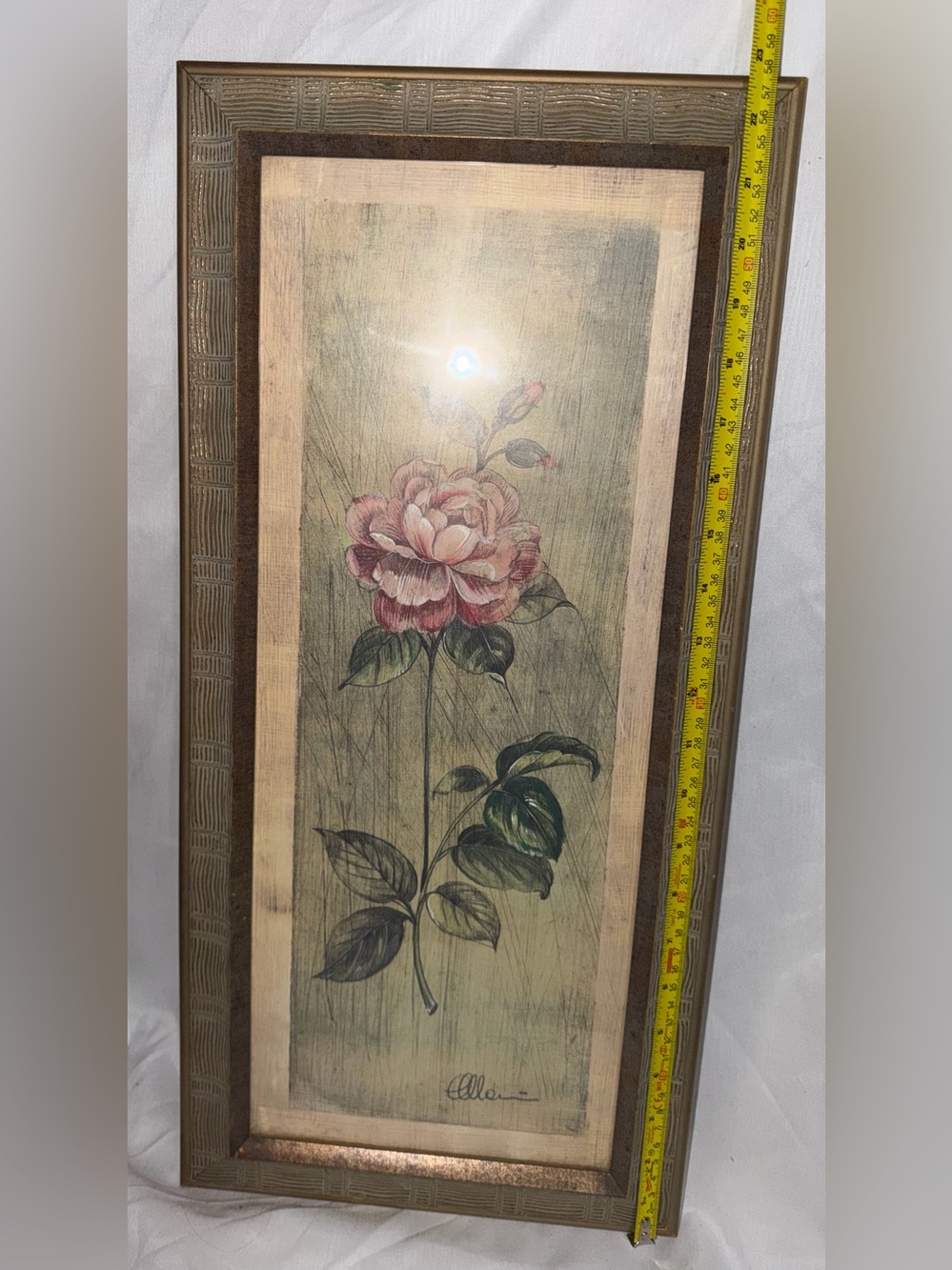 Vintage Mid-Century Floral Rose  Print by Allen, Faux Wood & Gold Frame - Picture 3 of 6